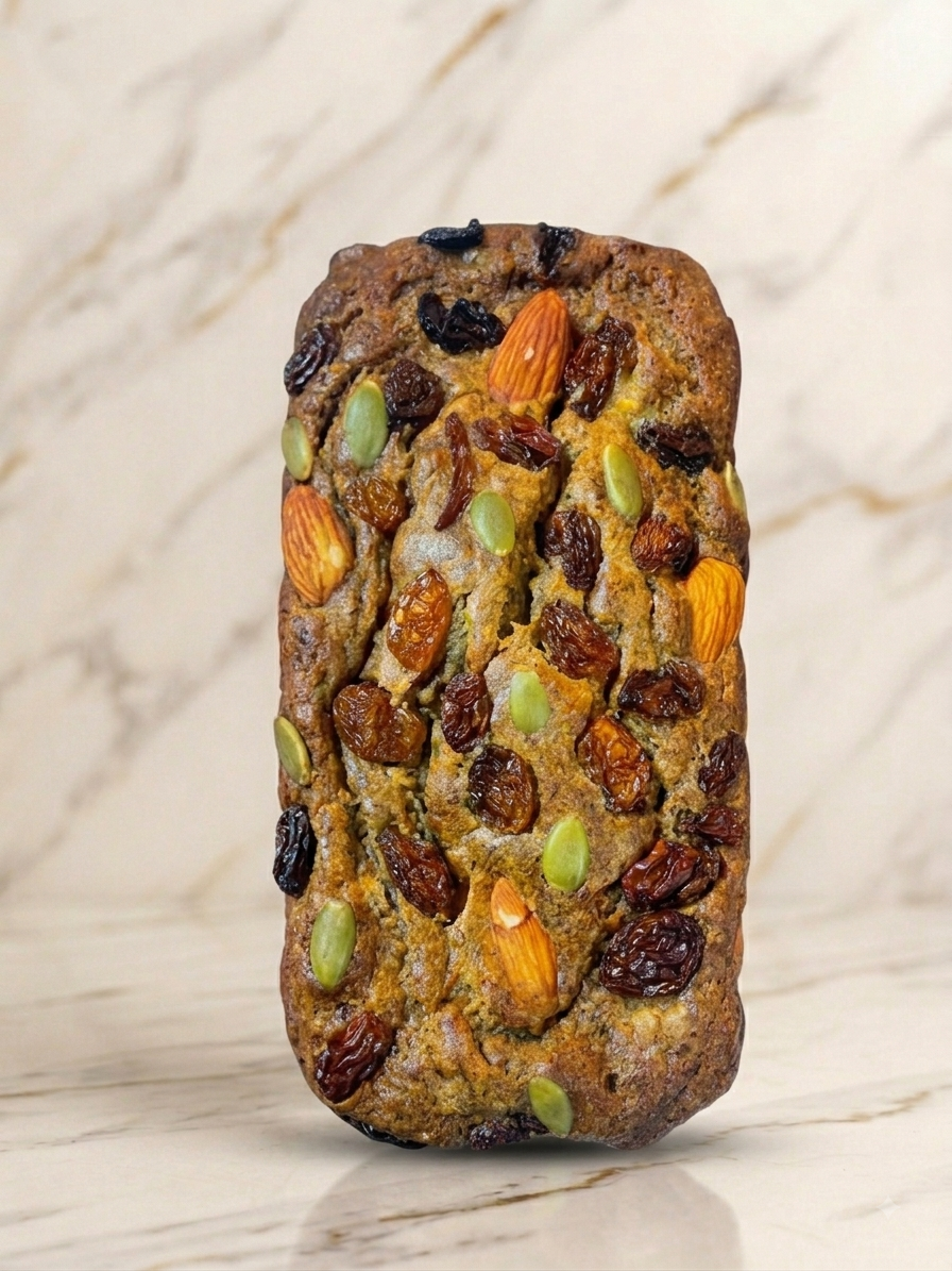 Classic banana bread loaf topped with almonds, raisins and pumpkin seeds